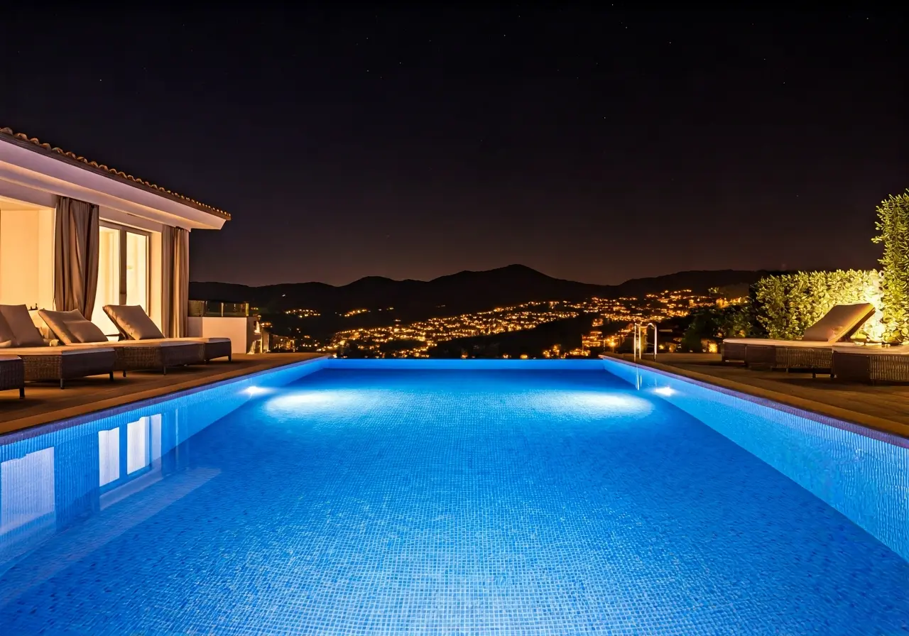 A stunning infinity pool with vibrant LED lighting at night. 35mm stock photo