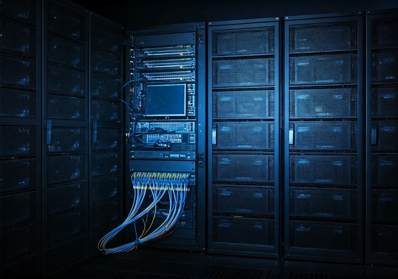 A computer server room with glowing network equipment. 35mm stock photo