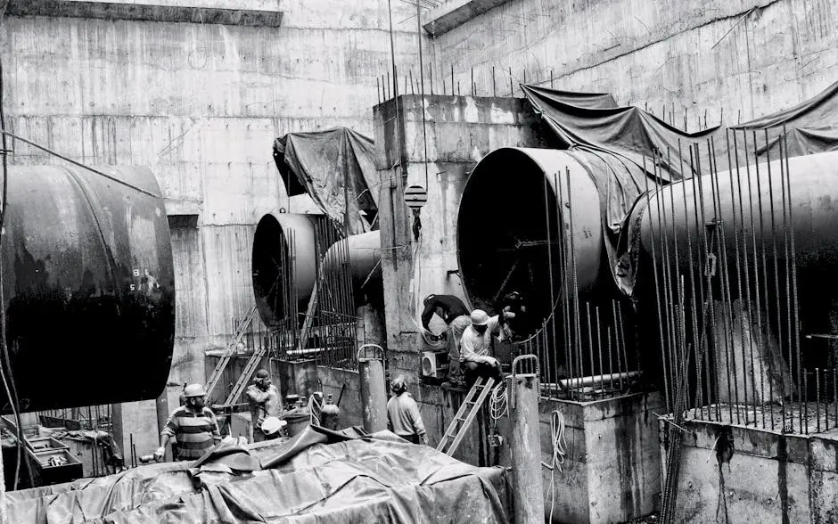 Construction workers at an industrial site in Adıyaman, Türkiye, working on large pipes.
