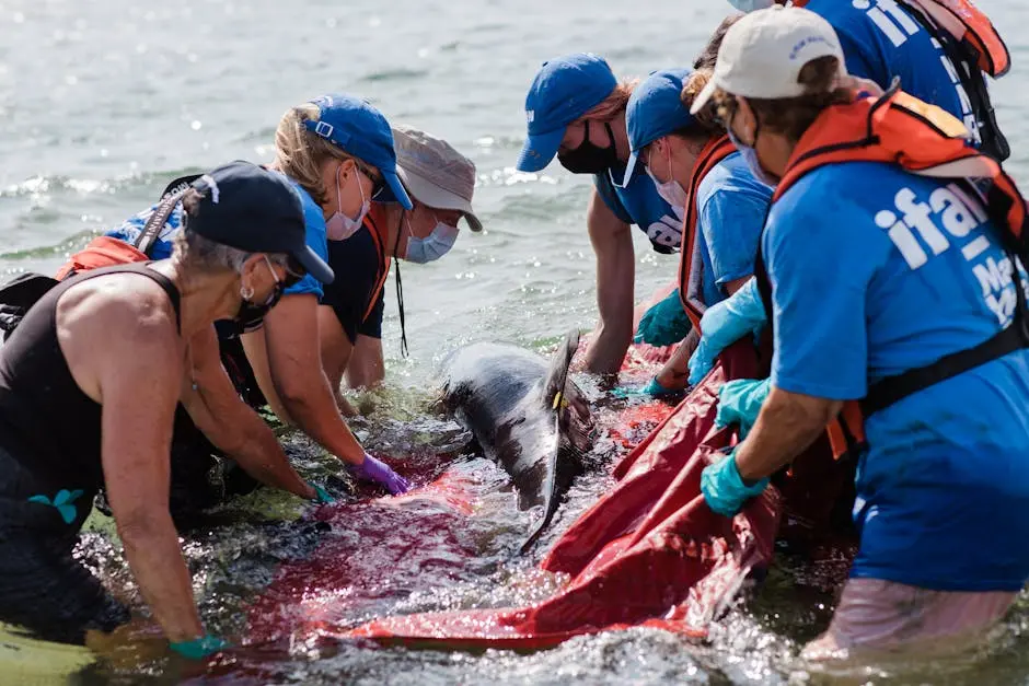 Volunteers work together to release a dolphin back into the ocean at Cape Cod, showcasing marine life rescue efforts.