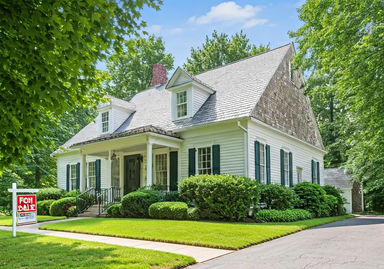 A charming Virginia house with a For Sale sign. 35mm stock photo
