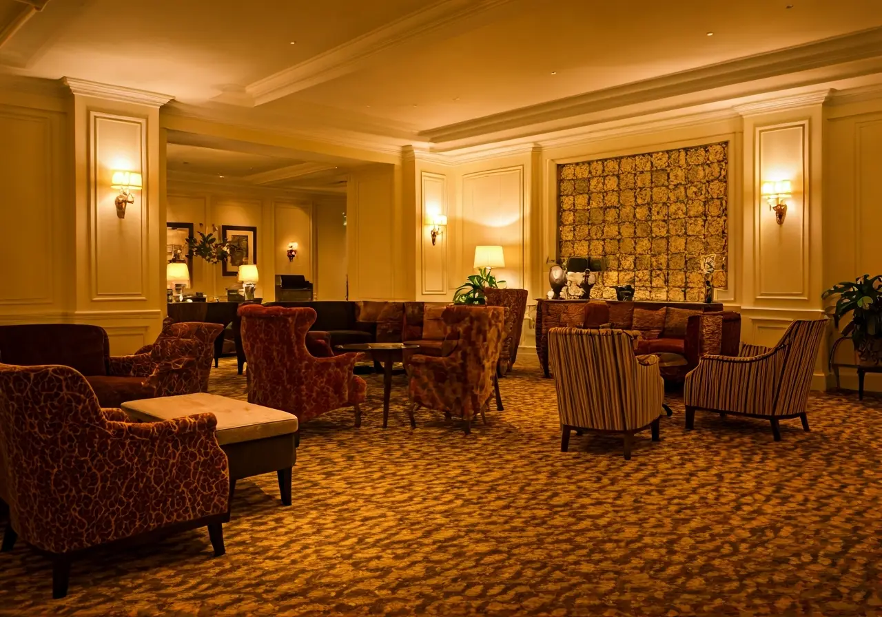A luxurious hotel lobby with elegant decor and warm lighting. 35mm stock photo
