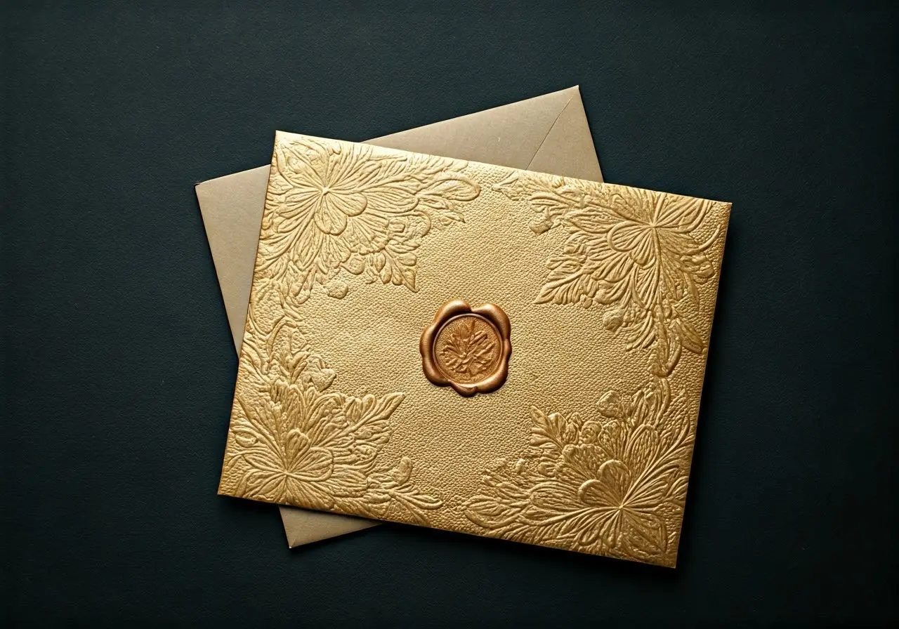 A beautifully embossed gold-rimmed invitation with a wax seal. 35mm stock photo