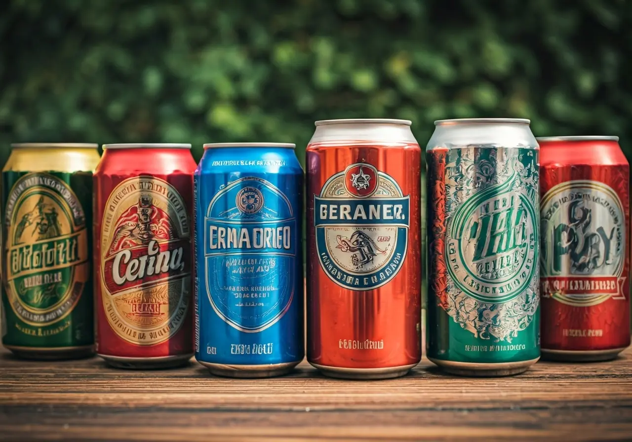 A variety of colorful non-alcoholic beer cans displayed. 35mm stock photo