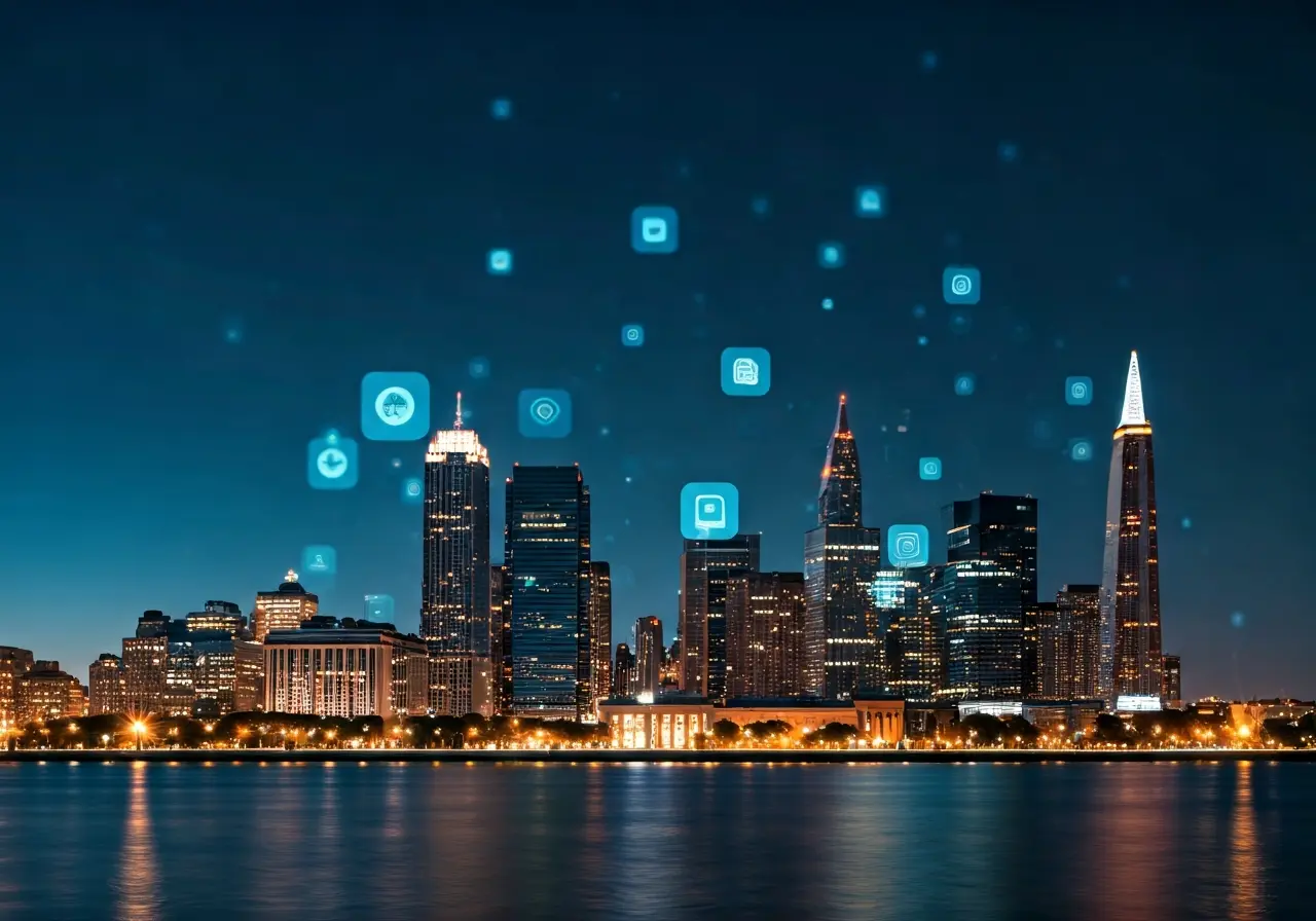 A futuristic Washington DC skyline with glowing digital app icons. 35mm stock photo