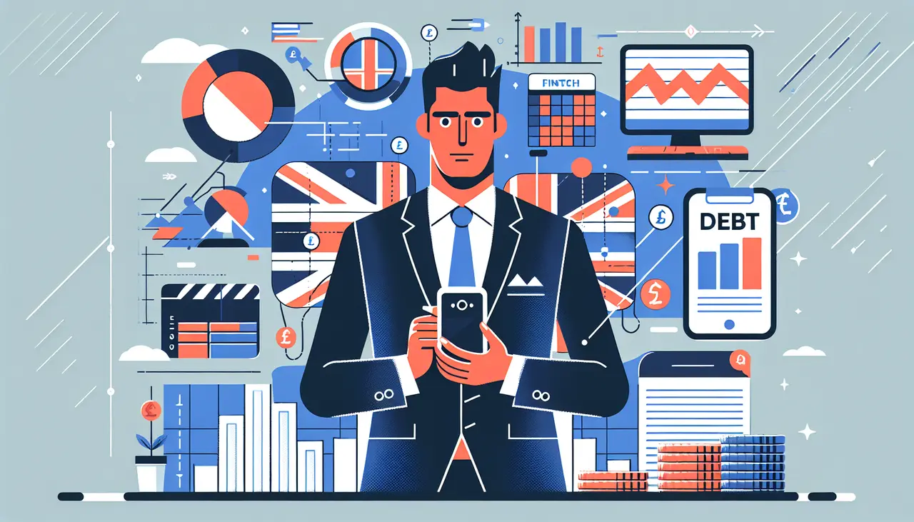 Draw a graphic in flat design style. A flat design of a UK entrepreneur holding a smartphone, with financial charts and debt symbols floating around, depicting fintech debt recovery concepts.
