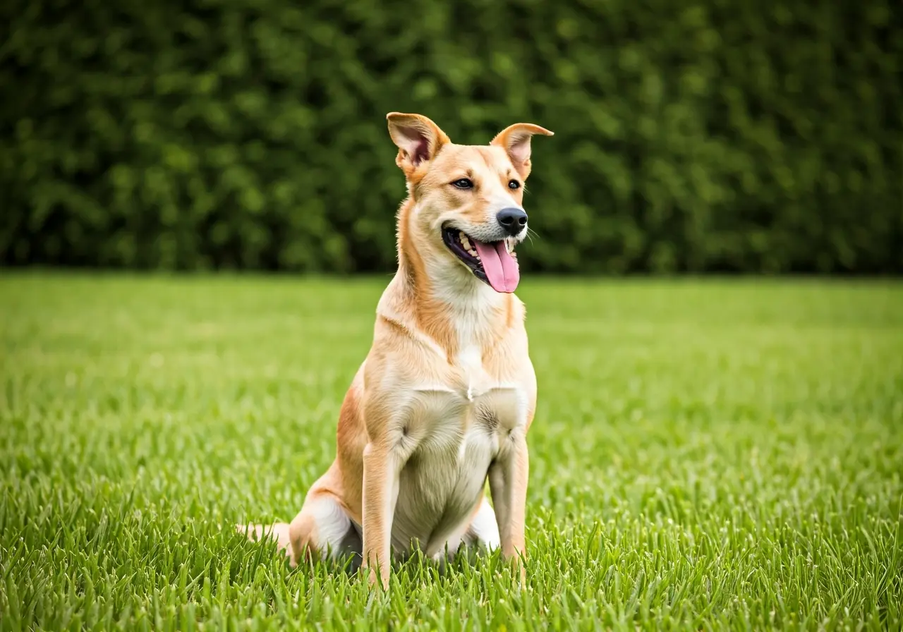A happy dog sitting calmly on a well-manicured lawn. 35mm stock photo