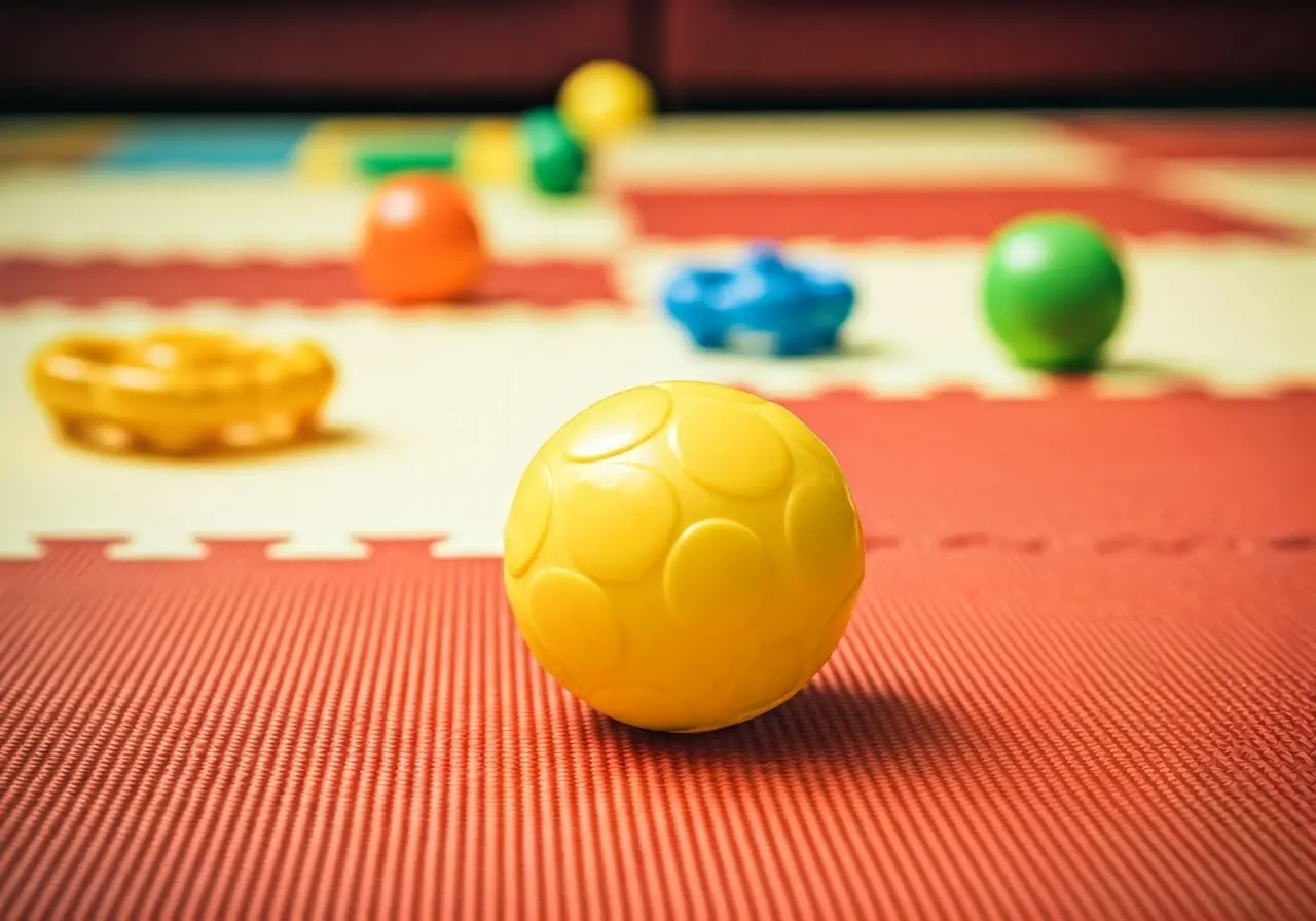 Colorful baby toys scattered on a soft play mat. 35mm stock photo