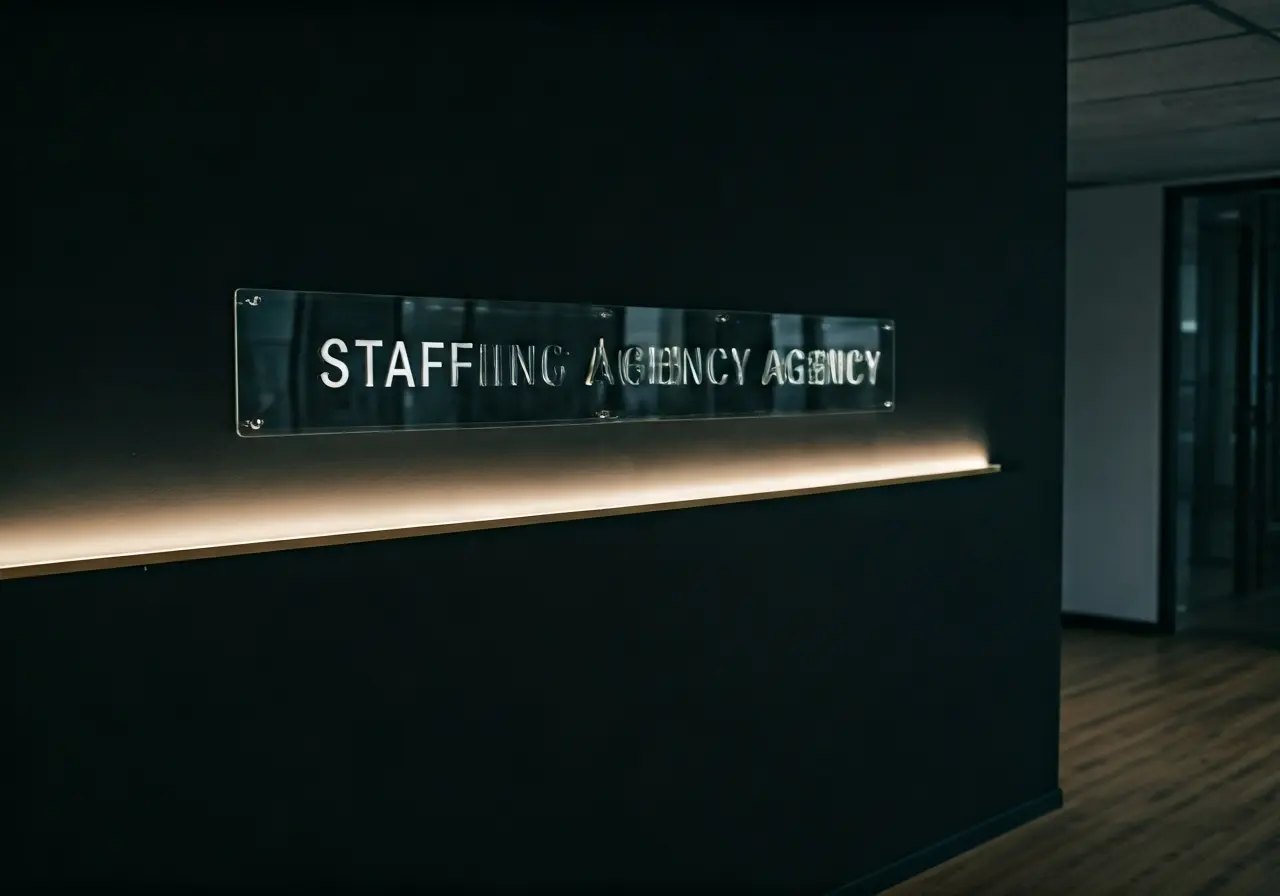 A sleek office space showcasing a &lsquo;Staffing Agency&rsquo; sign. 35mm stock photo