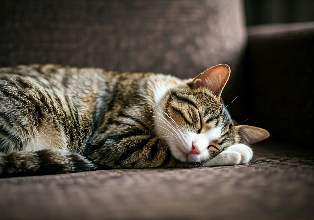 A cozy cat sleeping contentedly on a comfortable sofa. 35mm stock photo
