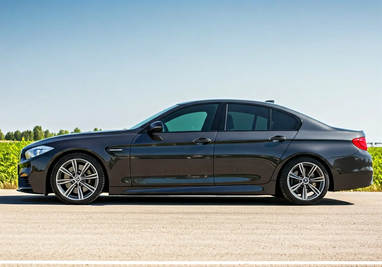 A sleek car with dark tinted windows under bright sunlight. 35mm stock photo