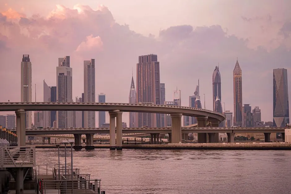Captivating view of Dubai&rsquo;s skyline featuring modern skyscrapers and bridges at sunset.