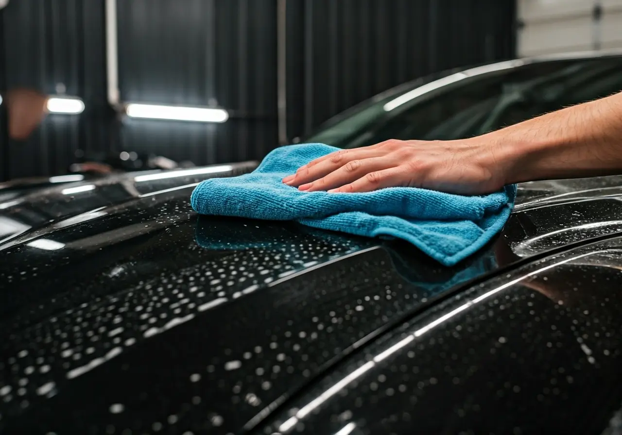 A sparkling clean car being dried with a microfiber cloth. 35mm stock photo