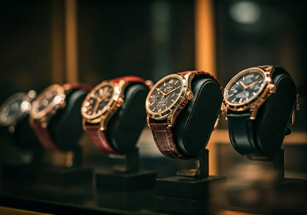 A row of luxury watches displayed in a glass case. 35mm stock photo