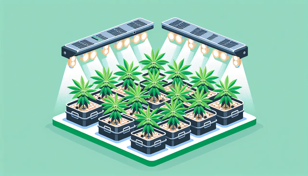 Draw a graphic in flat design style. An illustration of a modern indoor cannabis cultivation setup with organized rows of plants under LED grow lights, depicted in a simple and clean style.
