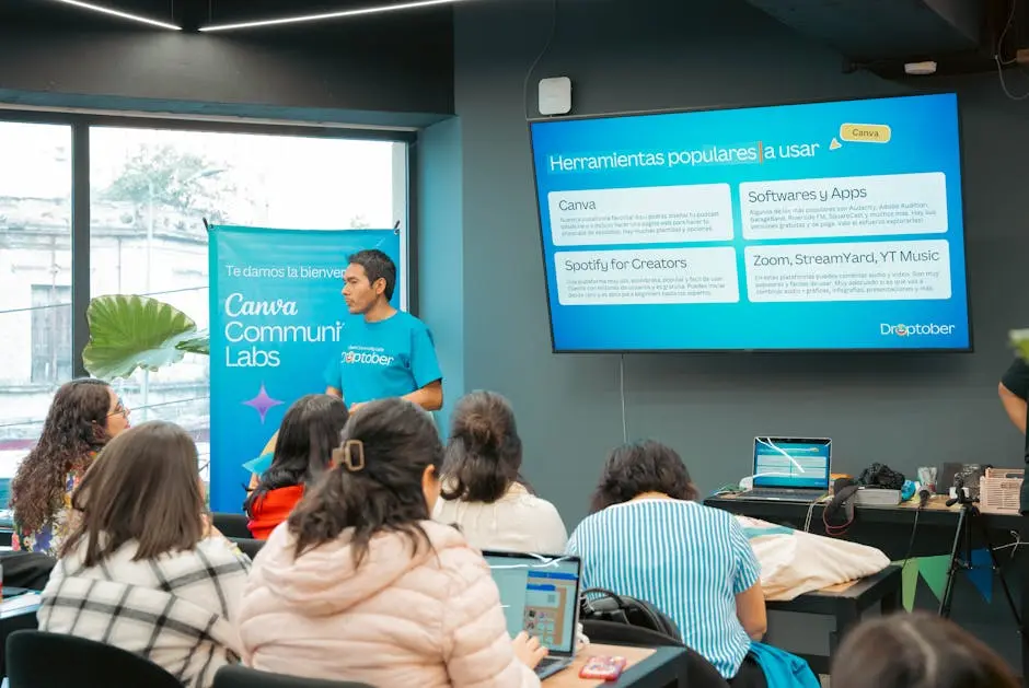 A speaker presenting technology tools in a workshop environment.