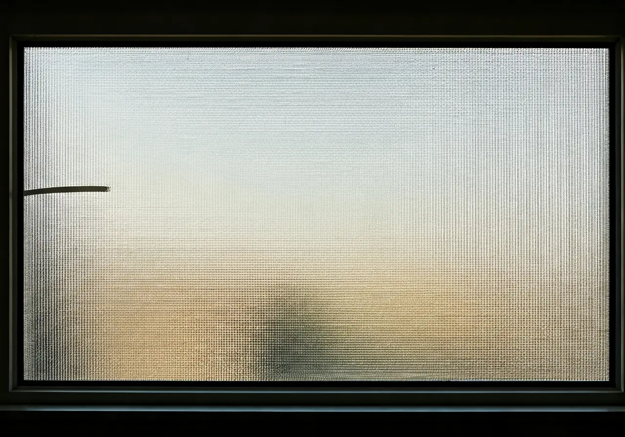 A window with half-transparent tint against a sunlit background. 35mm stock photo