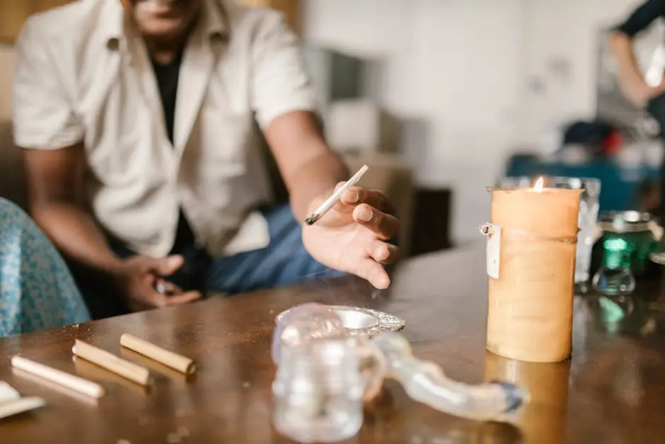 A person reaches for a marijuana joint on a table with candles and smoking accessories.
