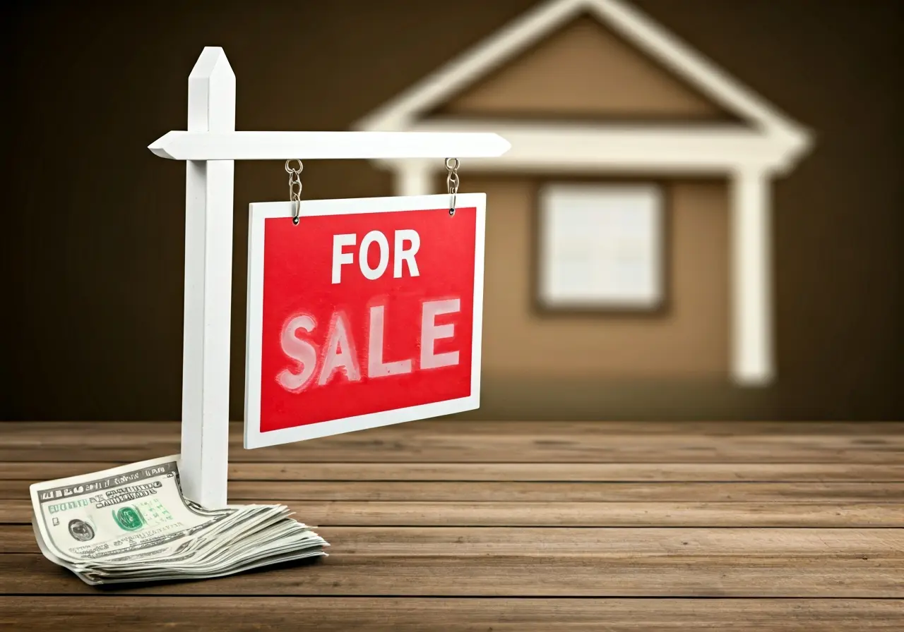 A house for sale sign with cash in the foreground. 35mm stock photo