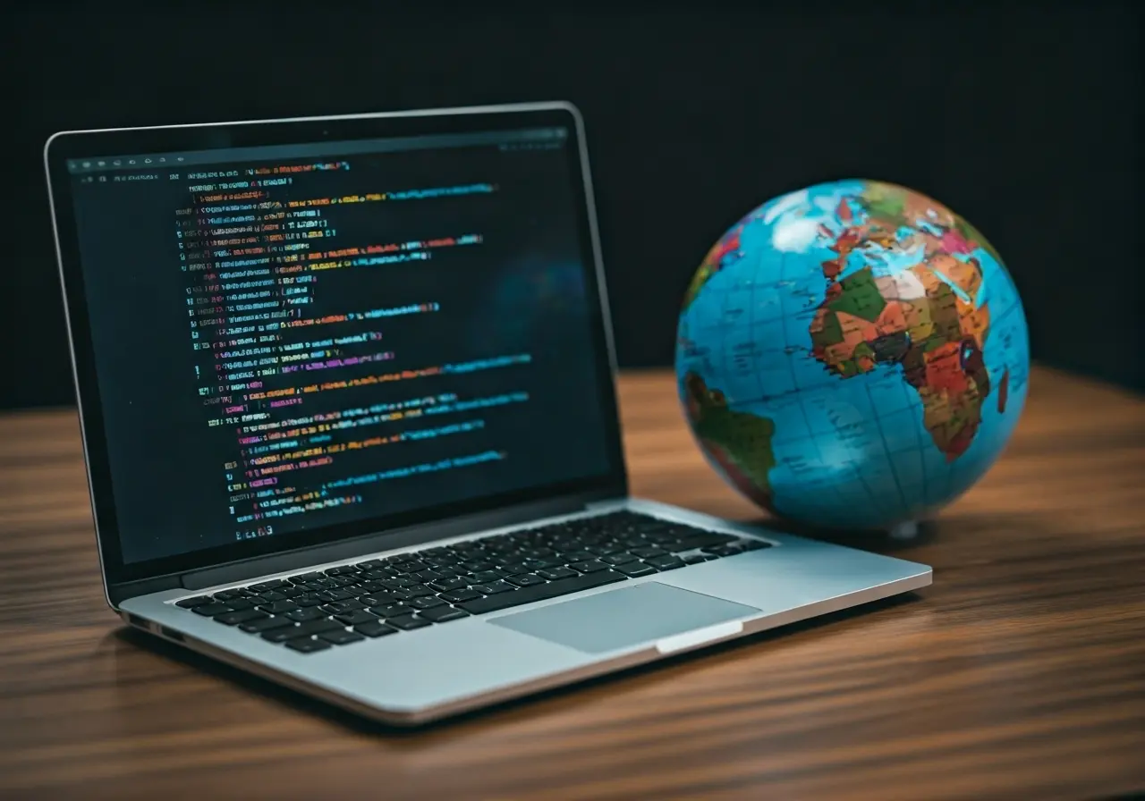 A laptop displaying code next to a globe. 35mm stock photo