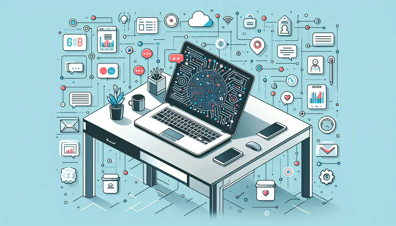 Draw a graphic in flat design style. A minimalist image of a modern office desk with a laptop displaying a digital cityscape, symbolizing innovation, and surrounded by simple icons of app elements.