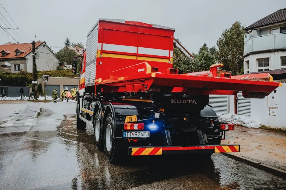 A red tow truck parked on a wet street in an urban neighborhood with workers in the background.