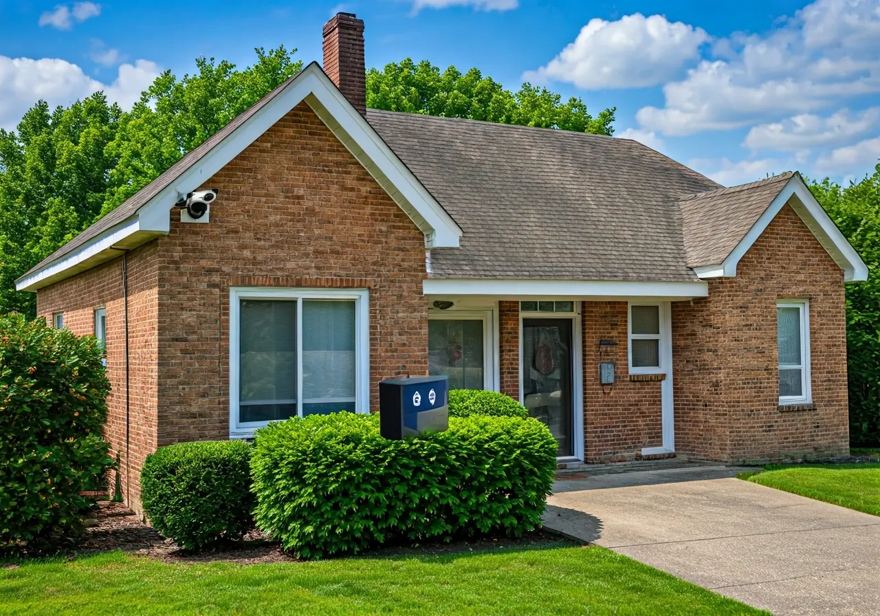A house with visible security cameras and alarm signs. 35mm stock photo