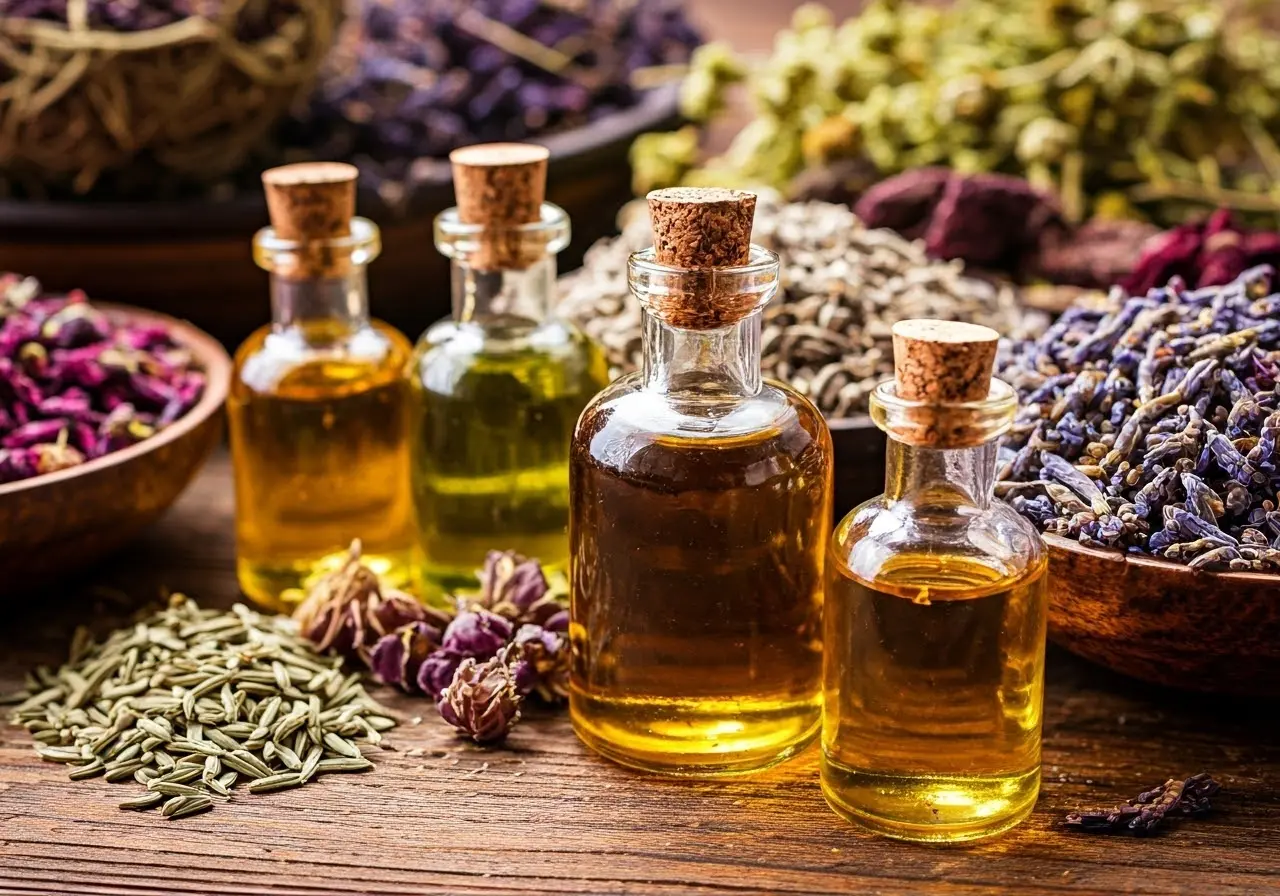 A colorful display of botanical oils and mystical herbs. 35mm stock photo