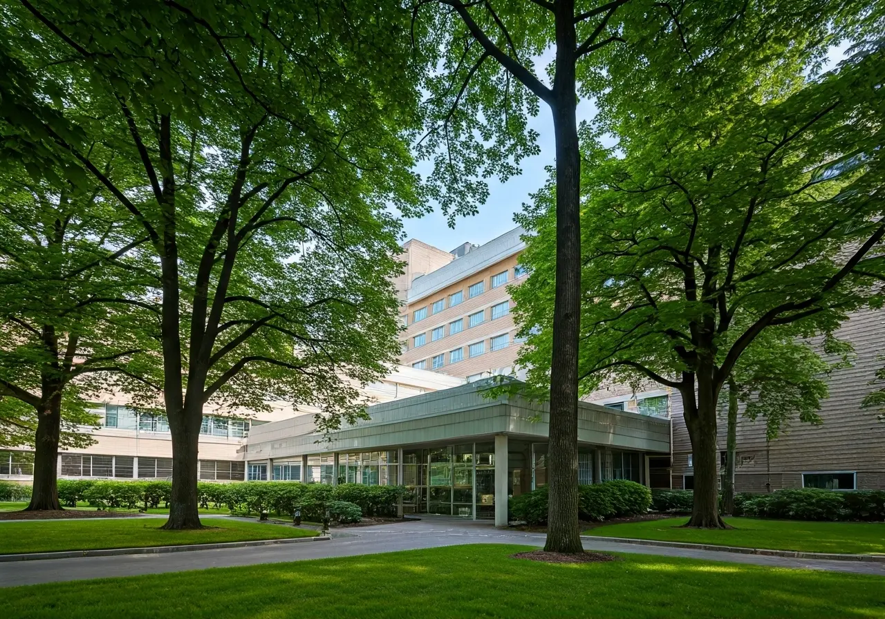 A serene hospital exterior surrounded by lush green trees. 35mm stock photo