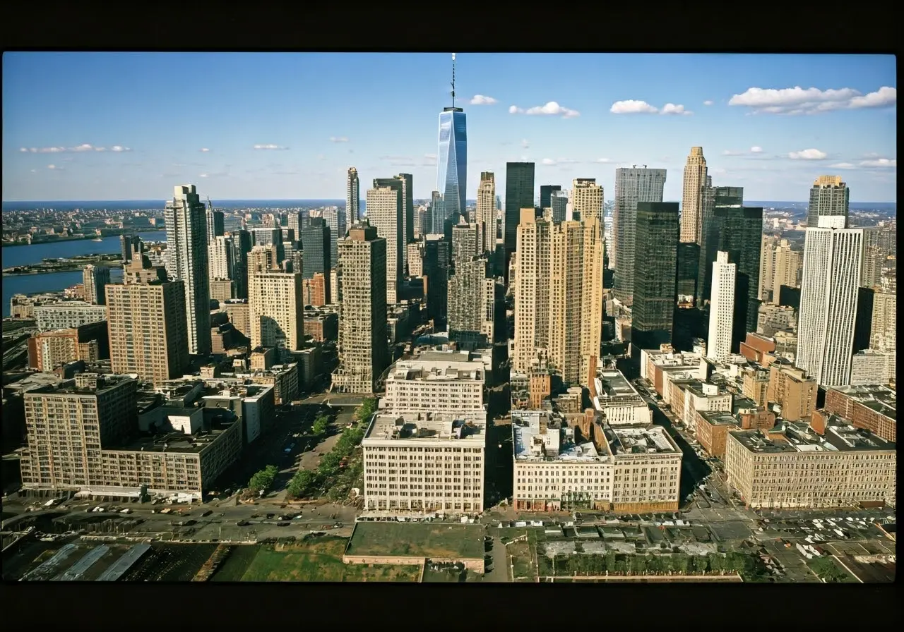 Aerial view of Brooklyn skyline with famous landmarks visible. 35mm stock photo