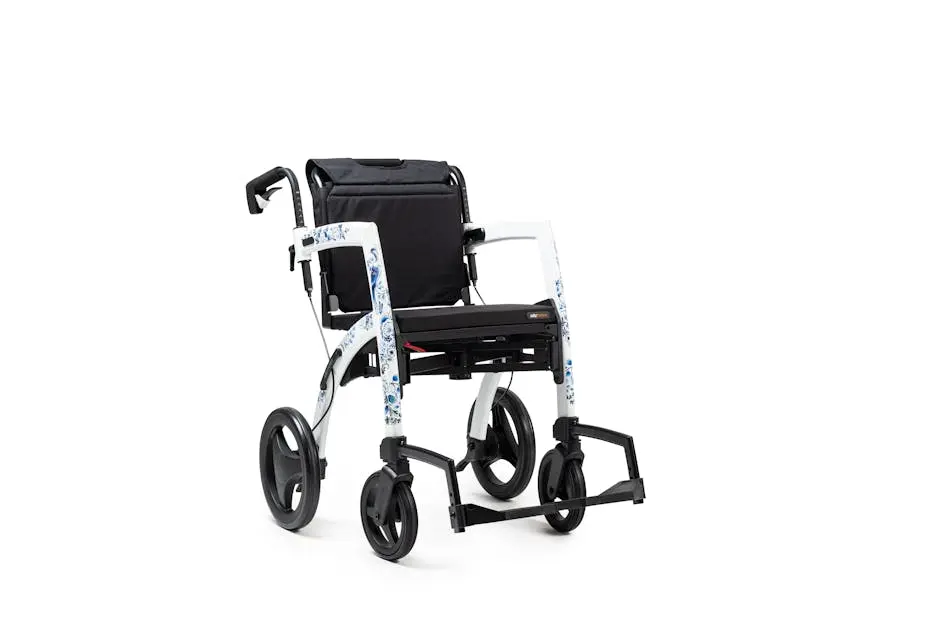 A modern lightweight wheelchair against a white background, featuring ergonomic design.