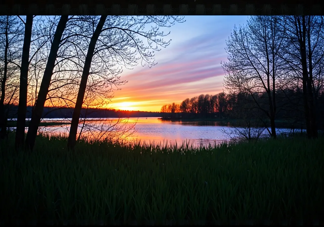 A serene nature scene with soothing sunset colors. 35mm stock photo