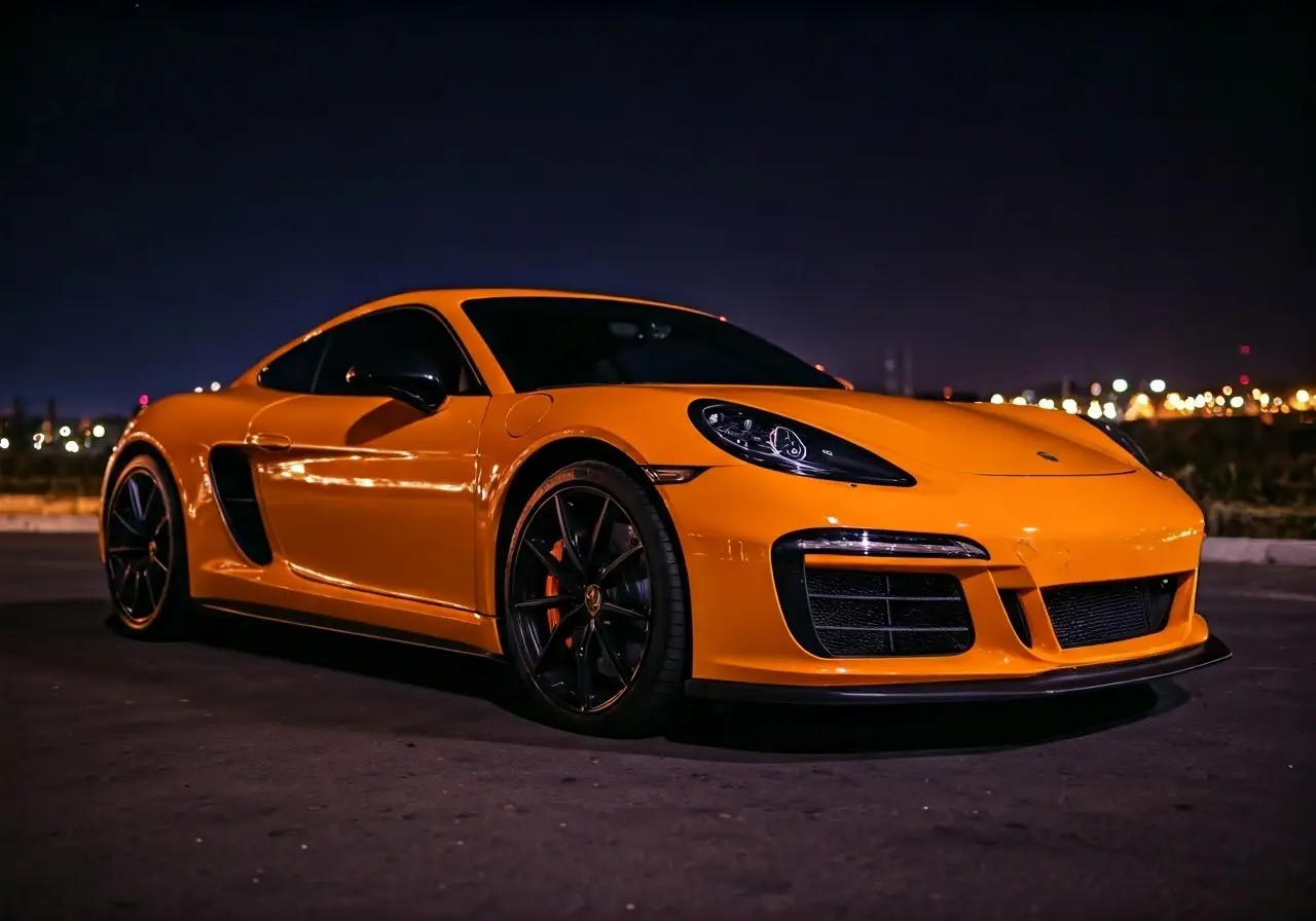 A glossy, ceramic-coated car reflecting city lights at night. 35mm stock photo
