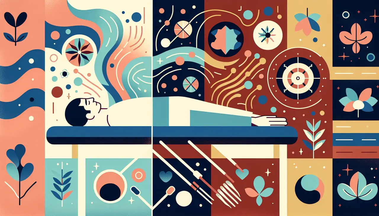 Draw a graphic in flat design style. A flat design illustration of a person lying down on a massage table, divided in half to show one side receiving a gentle Swedish massage with flowing lines and the other side receiving a firm deep tissue massage with targeted pressure points, against a simple, uncluttered background.