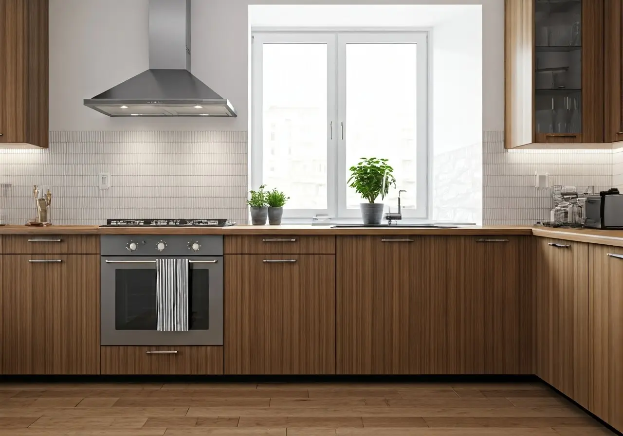 A stylishly remodeled kitchen with modern appliances and bright lighting. 35mm stock photo