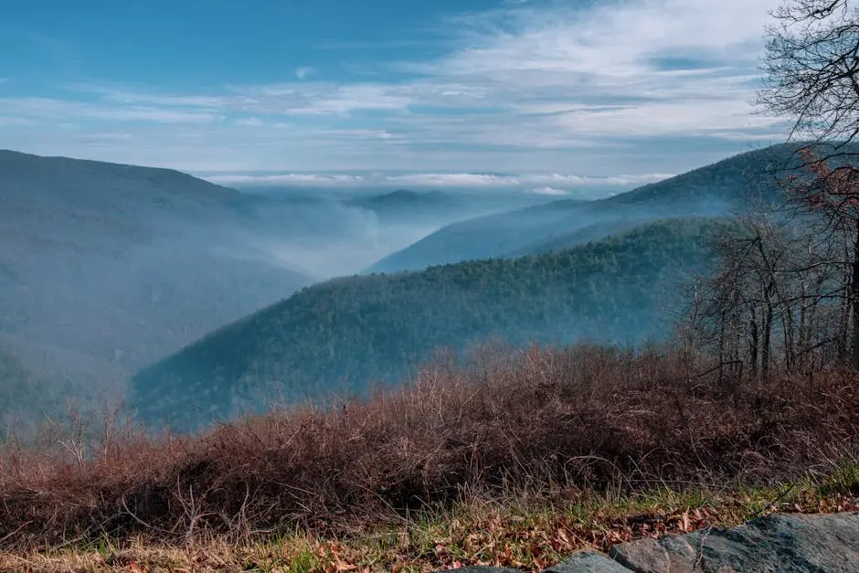 Capture of Shenandoah’s misty mountains under a clear blue sky in Virginia, USA.