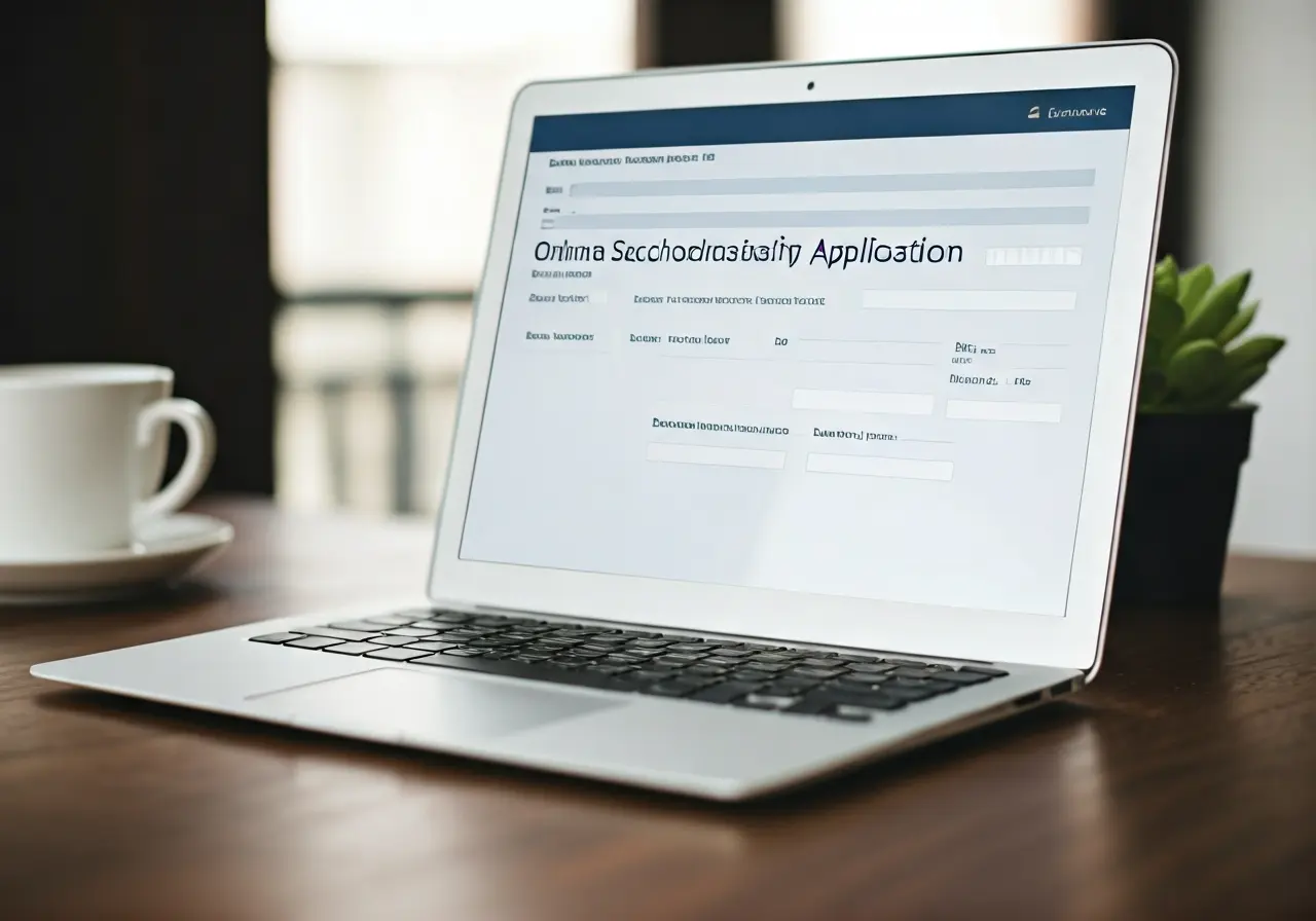 A laptop displaying an online scholarship application form. 35mm stock photo