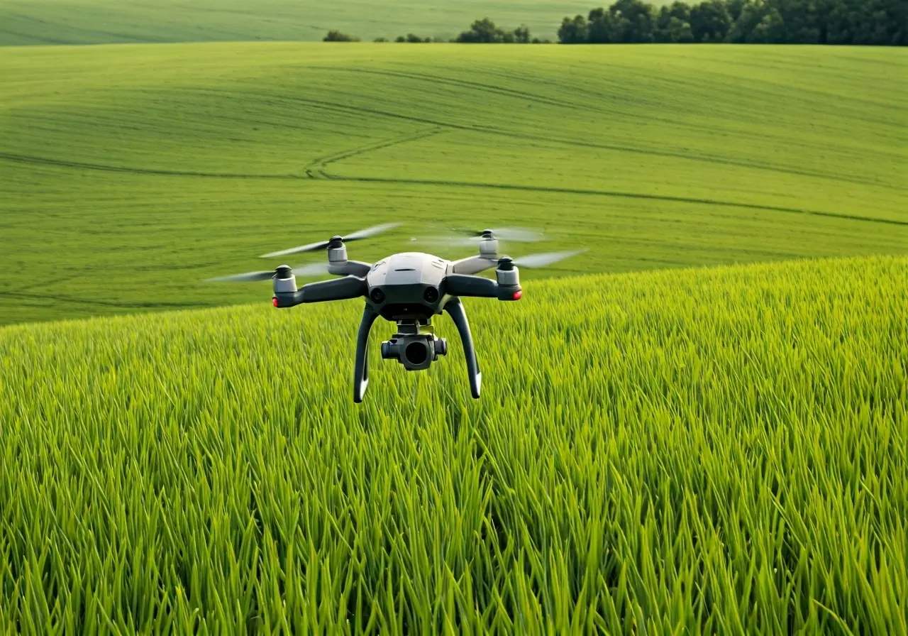 A drone flying over a lush, green agricultural field. 35mm stock photo