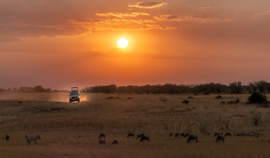 A stunning safari adventure at sunset with wildlife in the African savannah, showcasing natural beauty.