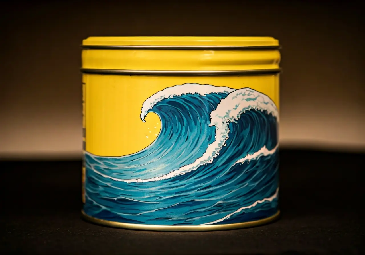 A close-up of a stylish wave grease tin on display. 35mm stock photo