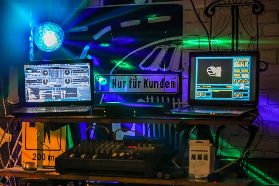 Vibrant DJ setup featuring laptops and a colorful disco light, perfect for nightlife scenes.