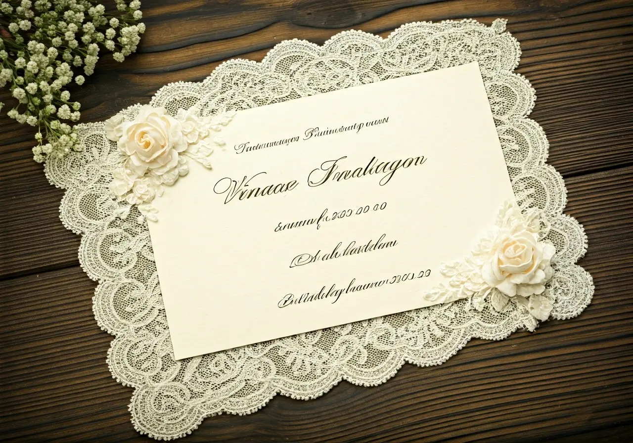Elegant vintage wedding invitation with ornate lace and floral design. 35mm stock photo