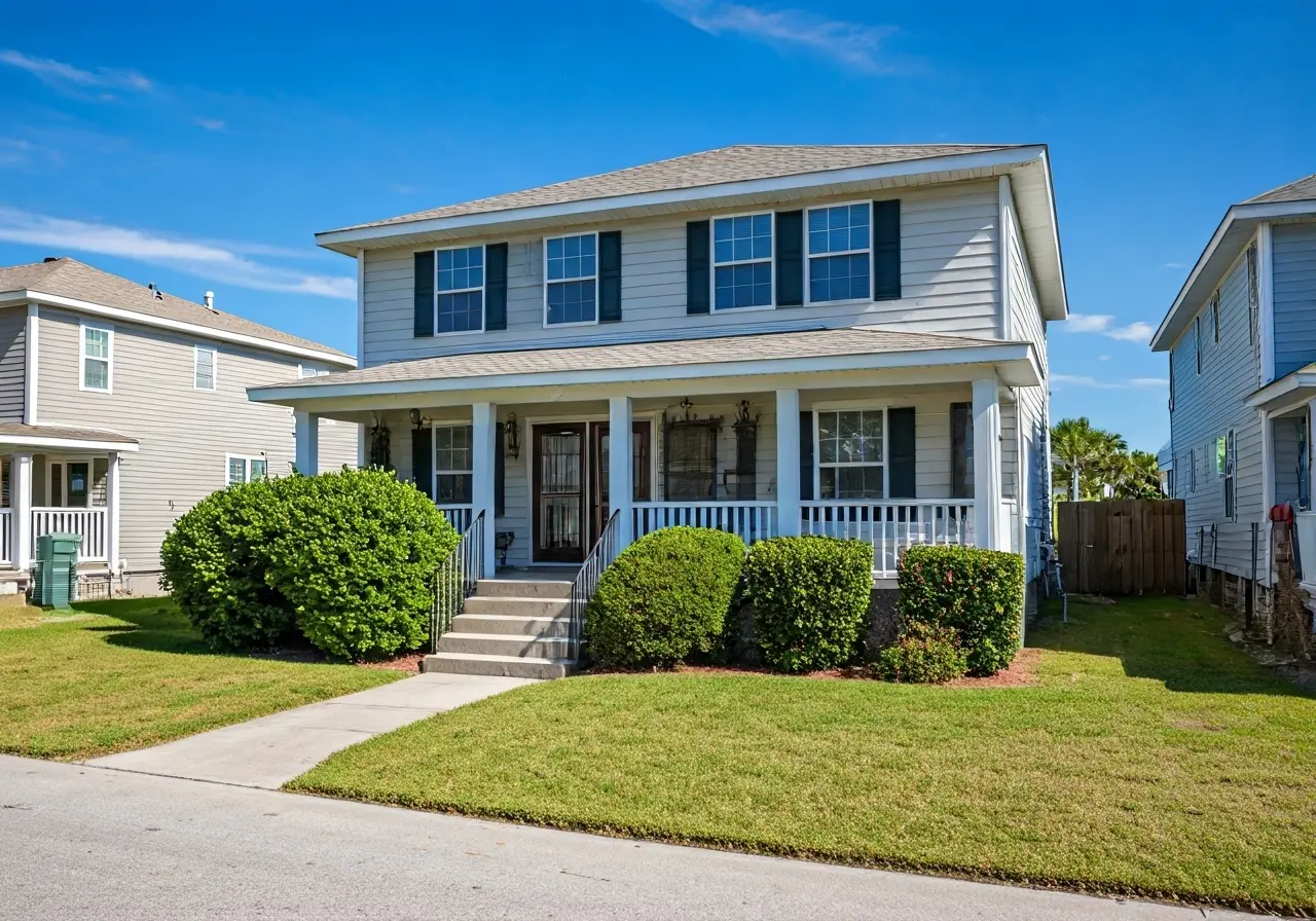 A cozy Myrtle Beach home with moving boxes outside. 35mm stock photo