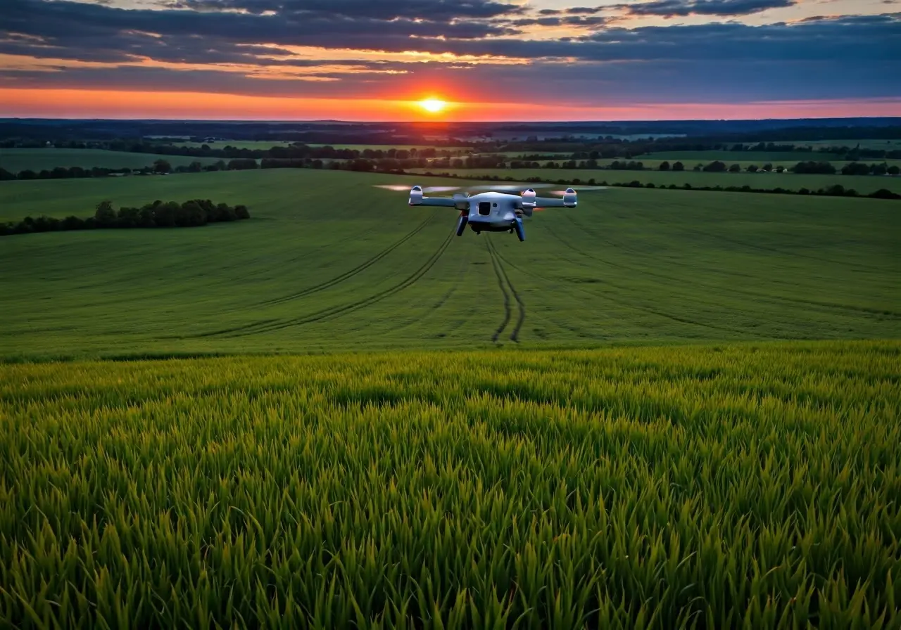 A drone flying over lush green agricultural fields at sunset. 35mm stock photo