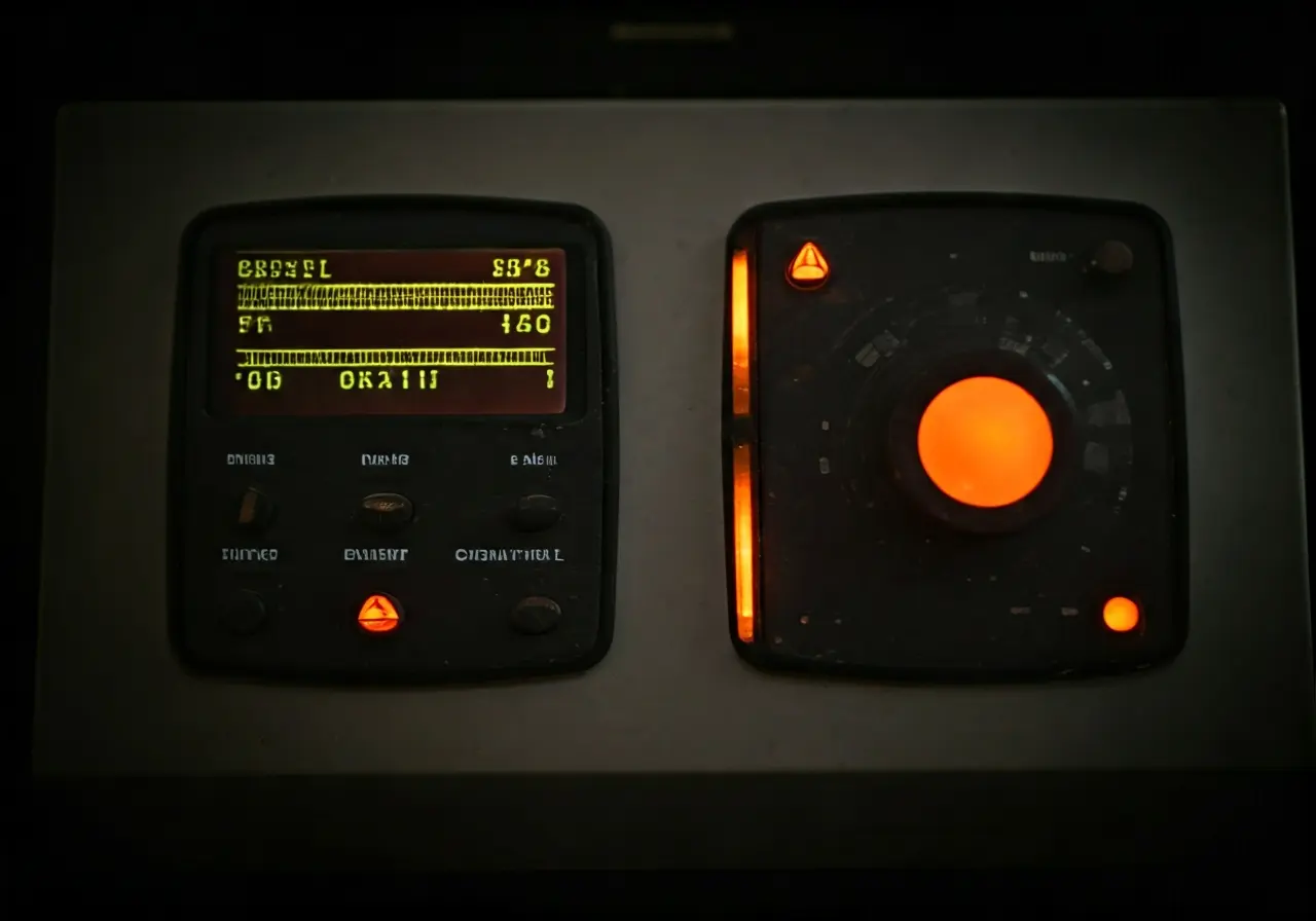 A modern control panel with illuminated displays and dials. 35mm stock photo