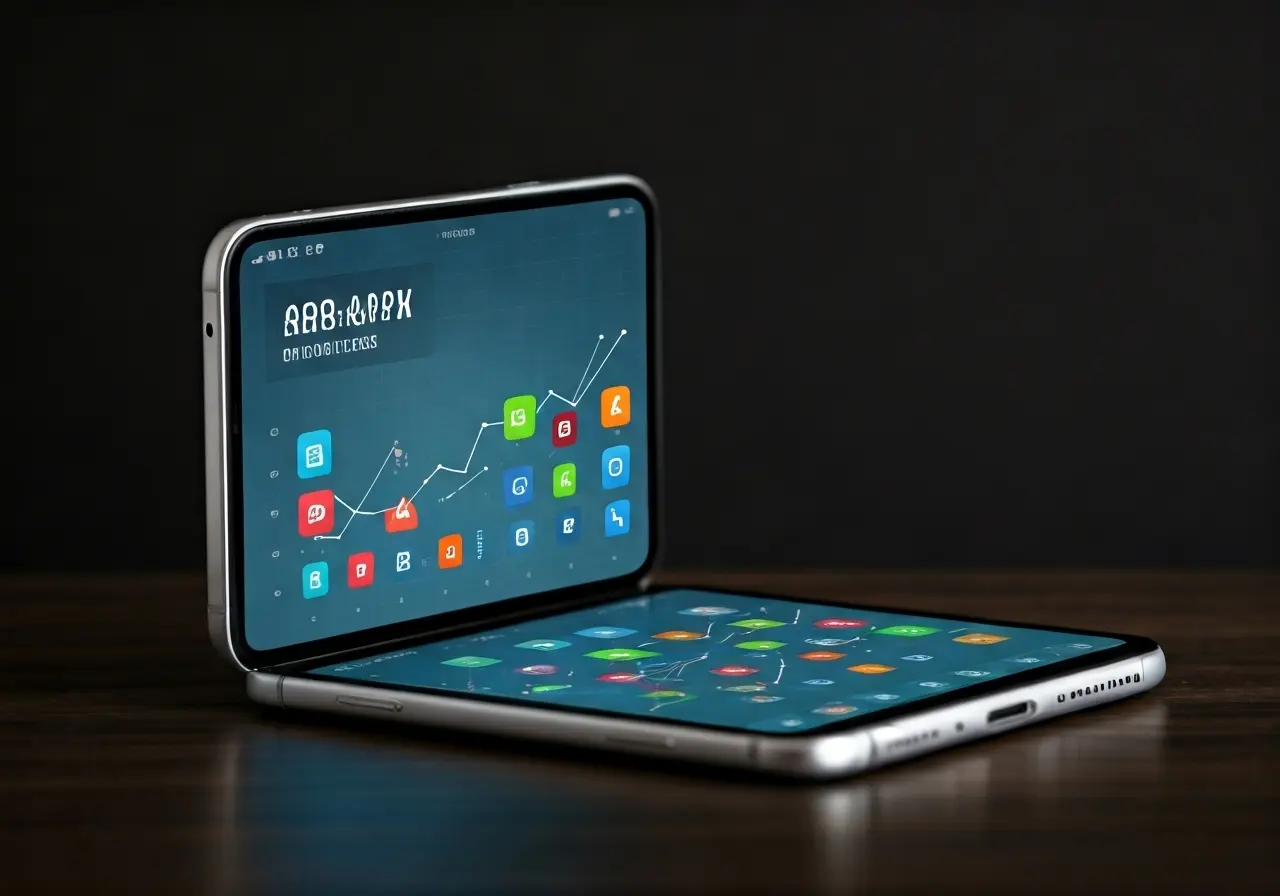 A smartphone displaying app icon concepts with graphs in background. 35mm stock photo