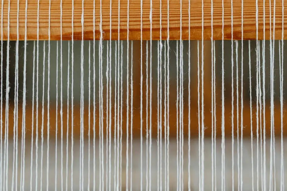 Detailed view of a loom with white yarn threads, showcasing textile weaving craftsmanship.