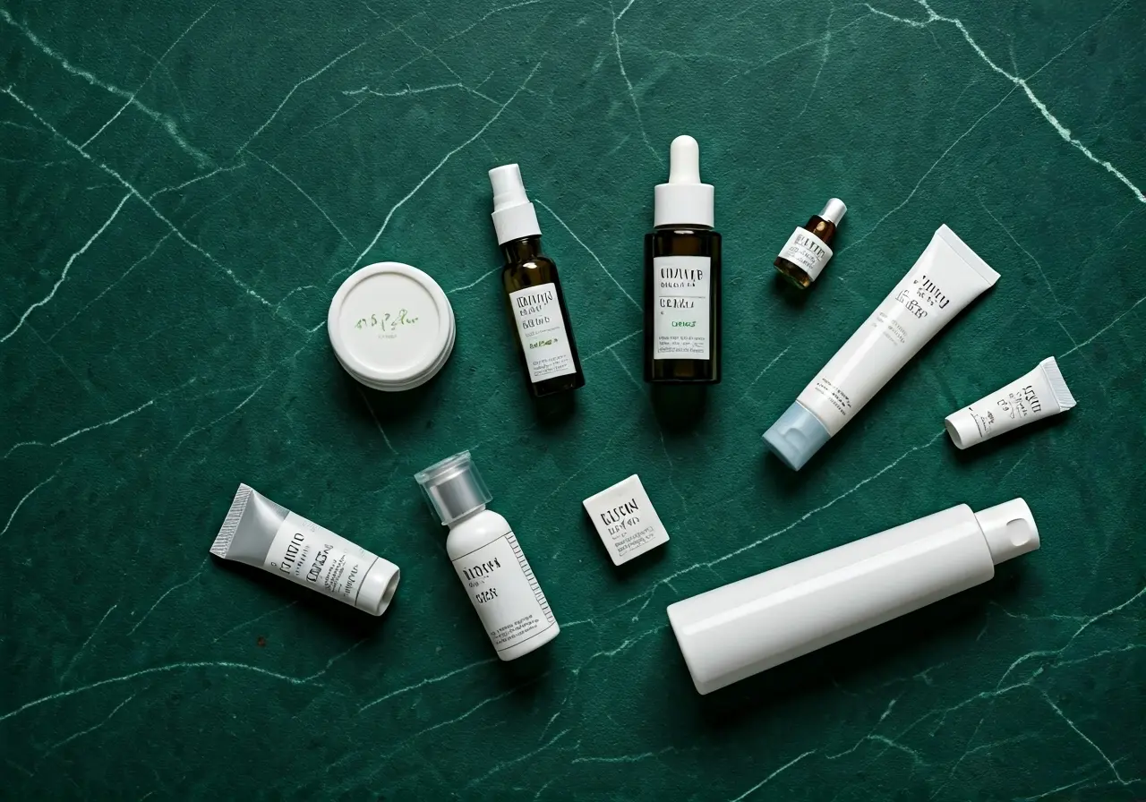 A flat lay of vegan skincare products on a marble surface. 35mm stock photo