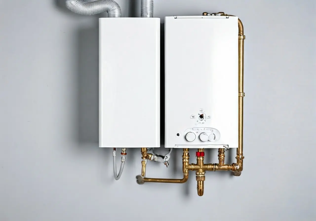 A modern combi boiler with tools and maintenance checklist. 35mm stock photo