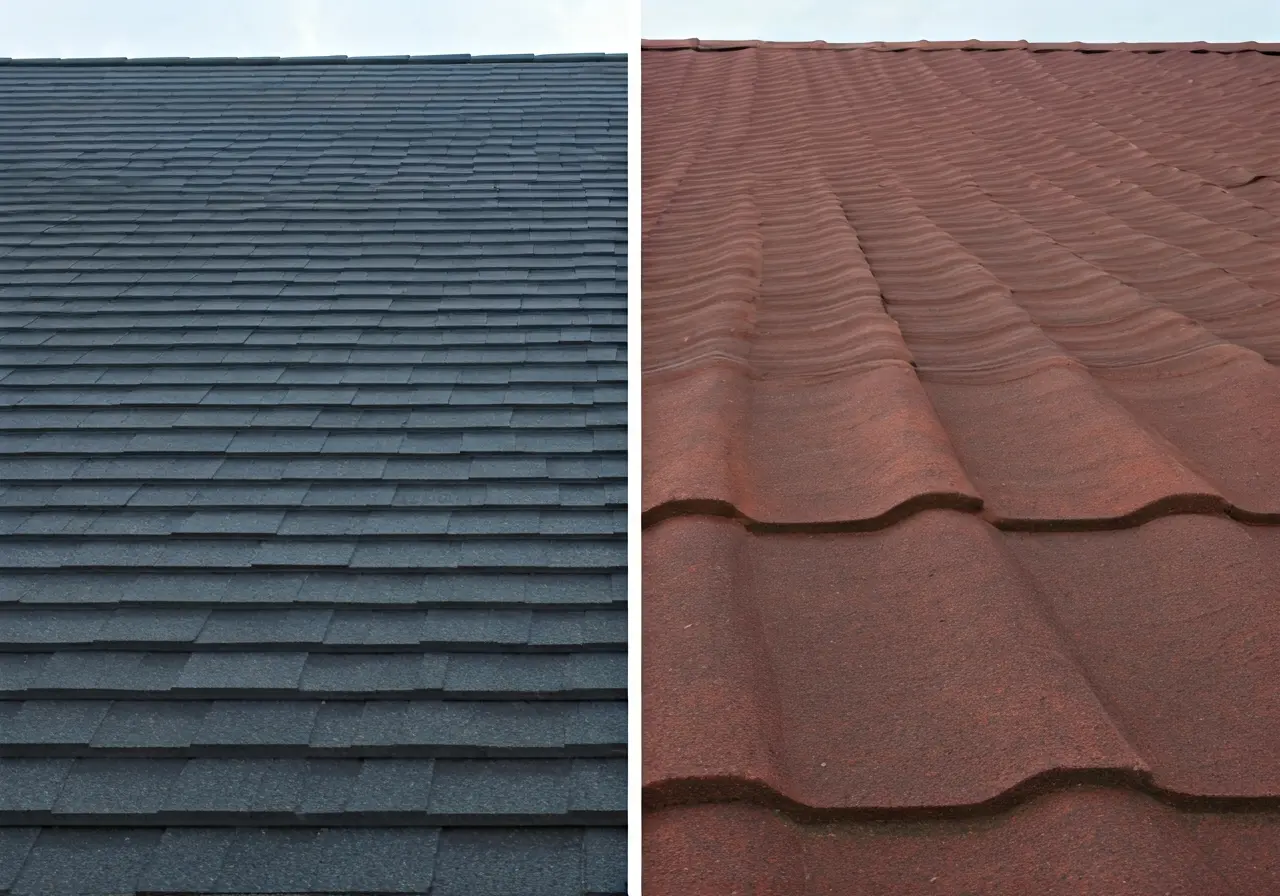 A side-by-side comparison of metal and shingle roofing. 35mm stock photo